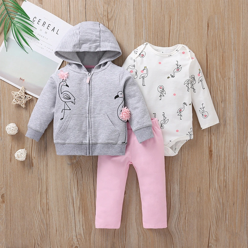 Spring Autumn 2022 Long Sleeve Long Sleeved Hooded Coat Romper Trousers Three Pieces Set Baby Boys Clothing Sets for Wholesale