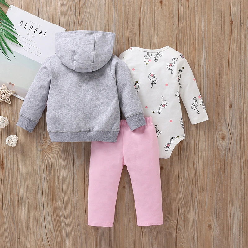 Spring Autumn 2022 Long Sleeve Long Sleeved Hooded Coat Romper Trousers Three Pieces Set Baby Boys Clothing Sets for Wholesale