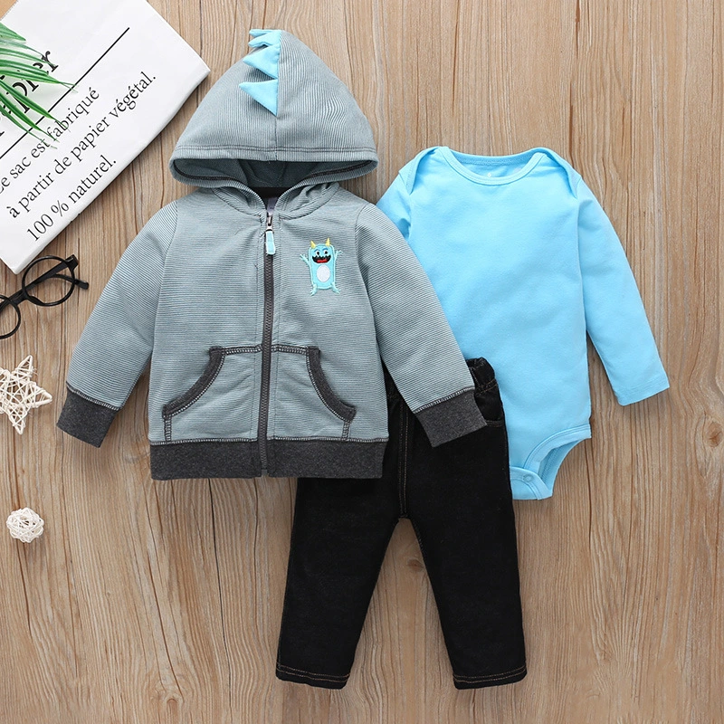 Spring Autumn 2022 Long Sleeve Long Sleeved Hooded Coat Romper Trousers Three Pieces Set Baby Boys Clothing Sets for Wholesale