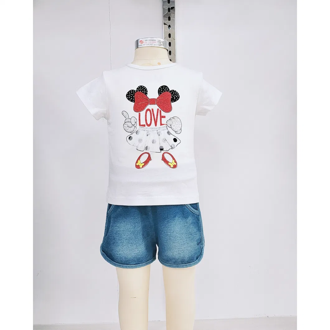 Girls Summer Clothes Cartoon Printing Short-Sleeved Children′s Clothes Baby Denim Shorts